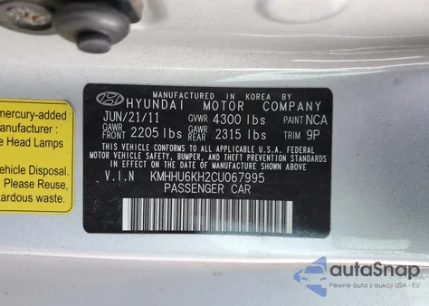 2012 Hyundai Genesis Coupe 3.8L из США, поврежденный, VIN KMHHU6KH2CU067995